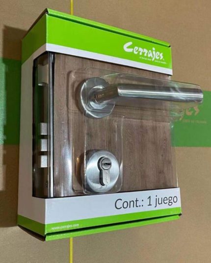 Juego de manija modelo “Atria” mecanismo y cilindro 85x60mm, 3 bulones, cilindro, llave de puntos, Satinado